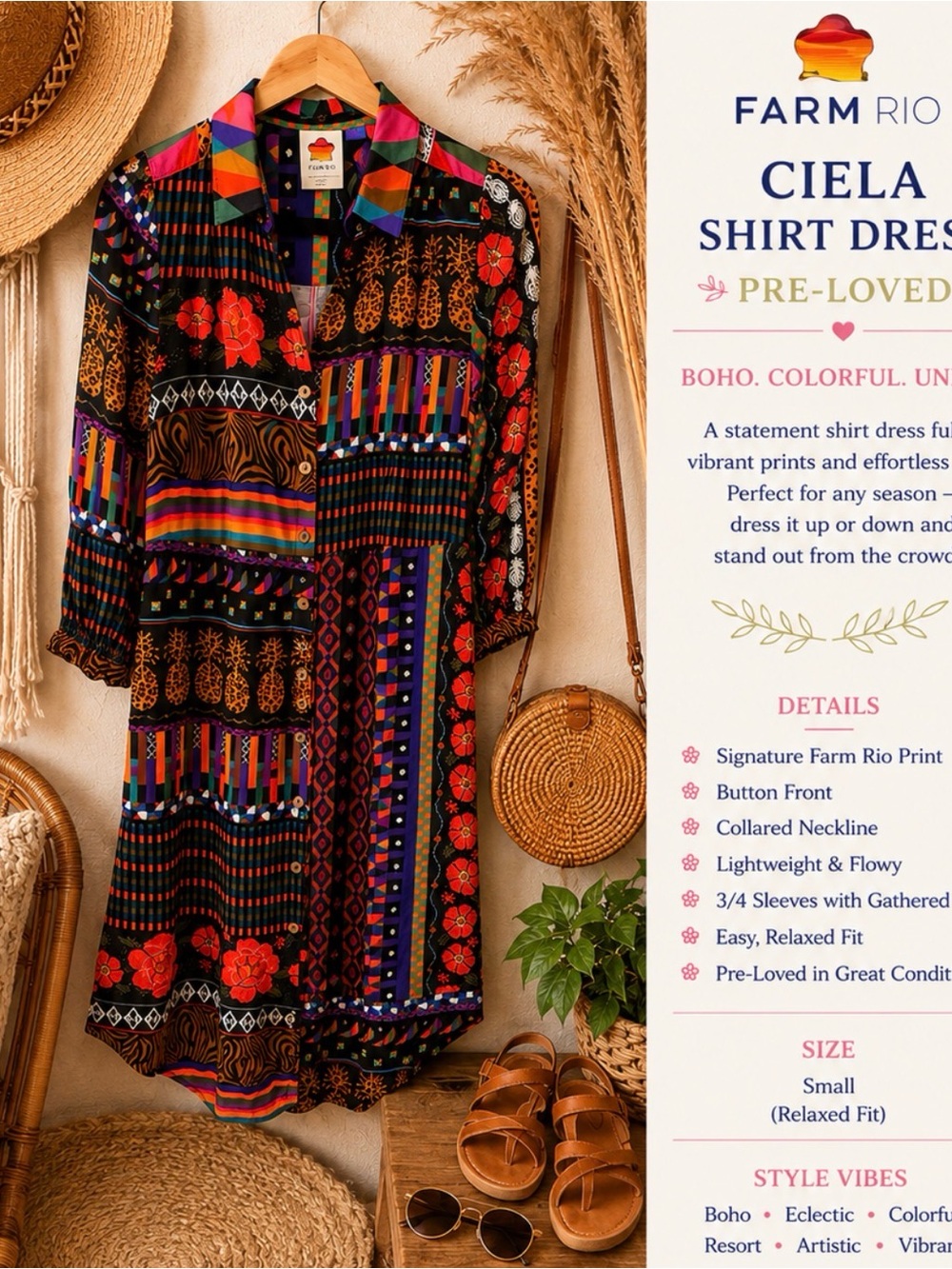 FARM Rio Ciela Black Multicolor Patchwork Shirt Dress Sz S P2P 20’